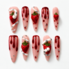 strawberry snake press-on nails with pink bases, hand-painted berries, white 3D snakes and red details