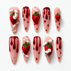 strawberry snake press-on nails with pink bases, hand-painted berries, white 3D snakes and red details