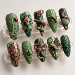 Forest Snake & Leaf 3D Hand-Painted Press-On Nails