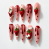 strawberry snake press-on nails with pink bases, hand-painted berries, white 3D snakes and red details