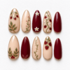 Burgundy botanical press-on nails with cream backgrounds, leafy sprigs, red berries, tiny flowers and gold detailing