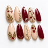 botanical leaves, red berry clusters press on nails
