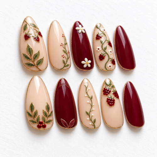 botanical leaves, red berry clusters press on nails