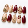 botanical leaves, red berry clusters press on nails