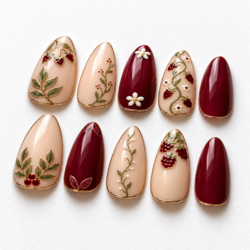 botanical leaves, red berry clusters press on nails