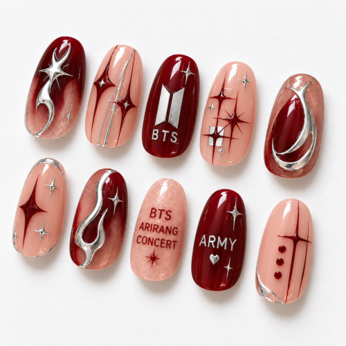 Press on nails shows BTS, ARMY and BTS ARIRANG CONCERT text.