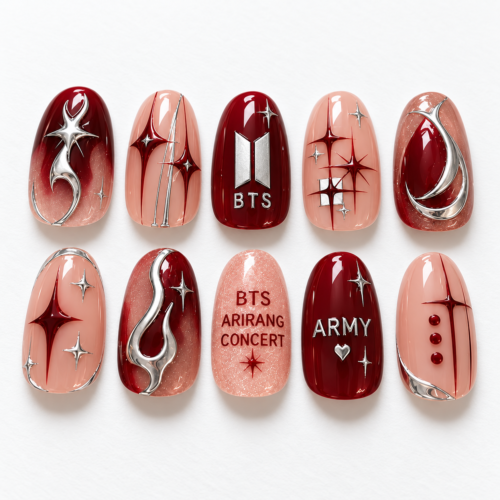 Press on nails shows BTS, ARMY and BTS ARIRANG CONCERT text.