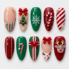 Burgundy green Christmas press-on nails with candy canes, bows, a tree, snowflakes and reindeer details.
