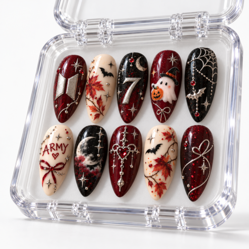Crescent moon, bats, ghost with pumpkin, autumn leaves press on nails