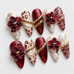 Burgundy Marble Leopard Floral Press-On Nails