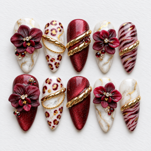 Sculpted flowers, marble-inspired patterns press on nails