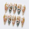 Serpentine dragon, crescent moons, cherry blossoms, cloud-like swirls and pagoda motifs