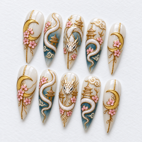 Serpentine dragon, crescent moons, cherry blossoms, cloud-like swirls and pagoda motifs