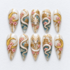 Serpentine dragon, crescent moons, cherry blossoms, cloud-like swirls and pagoda motifs
