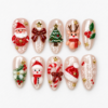 Champagne christmas press-on nails with Santa, a snowman, reindeer, a tree, holly, candy canes and snowflakes.