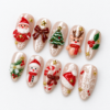 a reindeer, a Christmas tree, holly, a wreath, candy canes press on nails