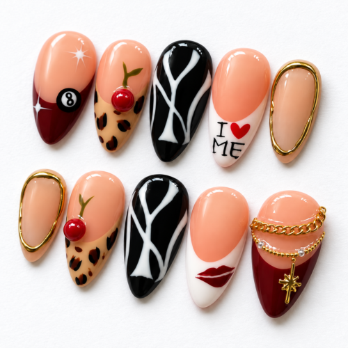 Raised Cherry Accents, Gold-Tone Borders press on nails