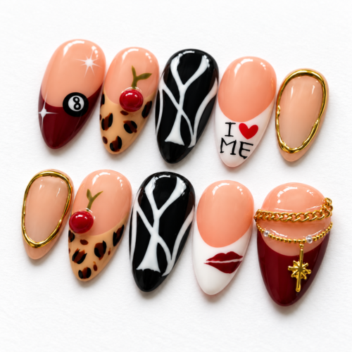 Raised Cherry Accents, Gold-Tone Borders press on nails