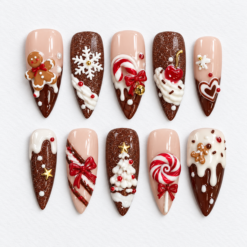 Gingerbread christmas press-on nails with chocolate-brown tips, cookie figures, candy canes, snowflakes and a tree