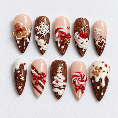 Gingerbread figures, candy canes, peppermint swirl press on nails