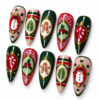 candy cane and pine sprig designs, plus plaid, dotted and lace-like details press on nails