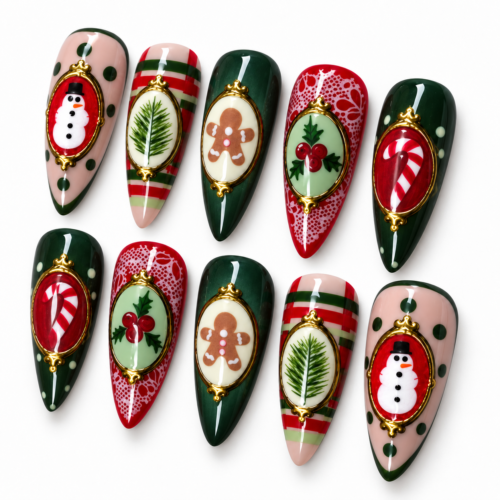 candy cane and pine sprig designs, plus plaid, dotted and lace-like details press on nails