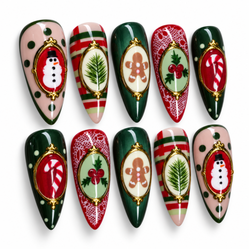 candy cane and pine sprig designs, plus plaid, dotted and lace-like details press on nails