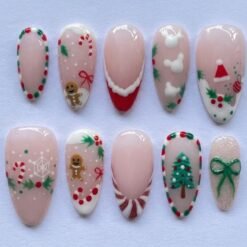 Christmas Candy Cane, Gingerbread, Tree Press On Nails with Noel-themed details at the tips of the nails
