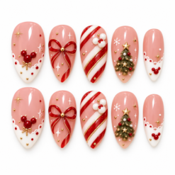 Pink christmas press-on nails with a red bow, candy-cane stripes, a decorated tree, gold stars and French tips