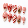 ed bow, candy-cane stripes, a decorated Christmas tree press on nails
