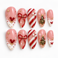 Christmas Candy Cane & Red Bow Press-On Nails