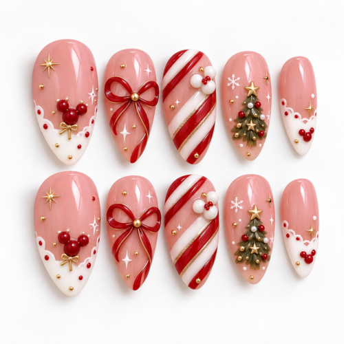 ed bow, candy-cane stripes, a decorated Christmas tree press on nails