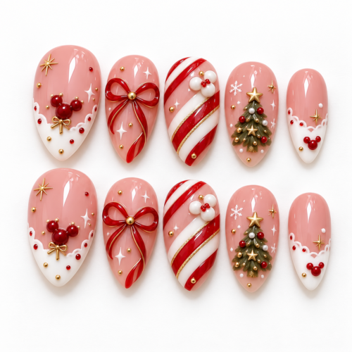 ed bow, candy-cane stripes, a decorated Christmas tree press on nails