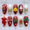 Christmas Kawaii 3D Gingerbread Candy Cane Fake Nails, Santa Tree and gold-plated bows