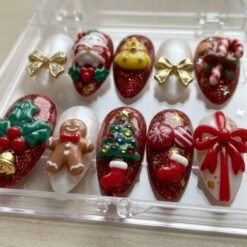 Christmas Kawaii 3D Gingerbread Candy Cane Fake Nails, Santa Tree Press On Nail