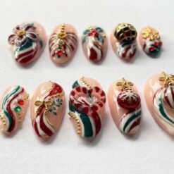 Christmas Red Green Poinsettia Ornament Set 3D Press-On Nails