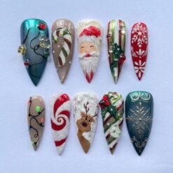 Christmas Santa press-on nails in teal chrome, red and taupe with a 3D Santa, a reindeer, string lights and a candy cane