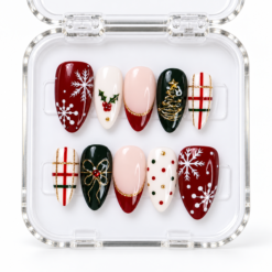 Christmas plaid press-on nails in burgundy, forest green, ivory and blush with snowflakes, holly, a tree, bows and gold trim