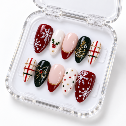 Snowflakes, holly and berries, Christmas tree press on nails