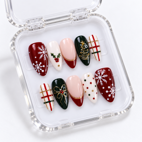 Snowflakes, holly and berries, Christmas tree press on nails