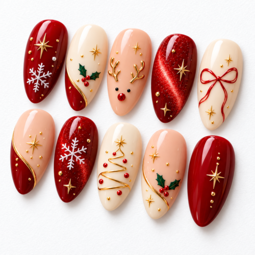 Press on nails stars, snowflakes, holly leaves and berries