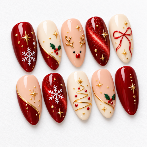 Press on nails stars, snowflakes, holly leaves and berries