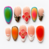 Gradient floral press-on nails in peach, coral and teal with ombré panels, red flowers, gold-tone details and pearl-like accents
