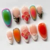 Color gradients, red flowers, gold-tone leaves press on nails