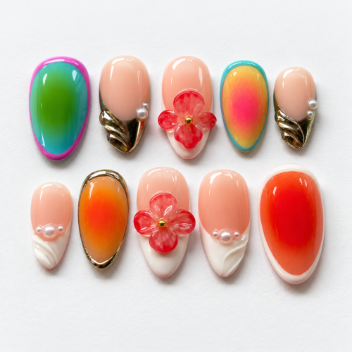 Color gradients, red flowers, gold-tone leaves press on nails