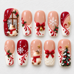 Cozy Christmas press-on nails in blush, ivory and red with a window cat, snowflakes, holly, bows, bell and decorated tree