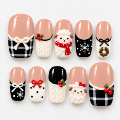 Knit Christmas press-on nails in blush, ivory and black with sheep, plaid, bows, holly, wreath and snowflake details