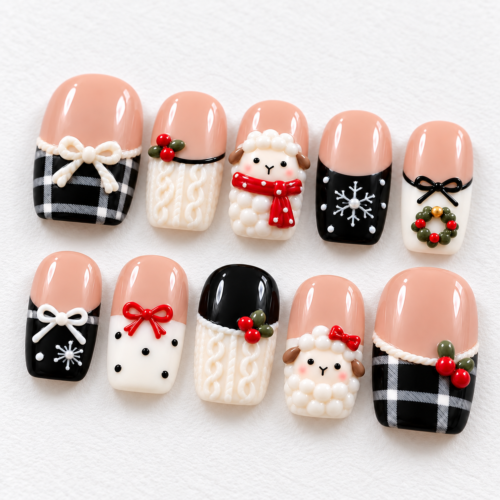 Sheep in scarves, cable-knit-style texture press on nails