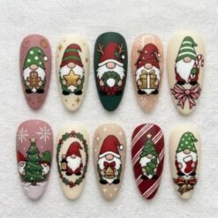 Cute Christmas Gnome, Santa Gnome Press On Nails with the Christmas tree