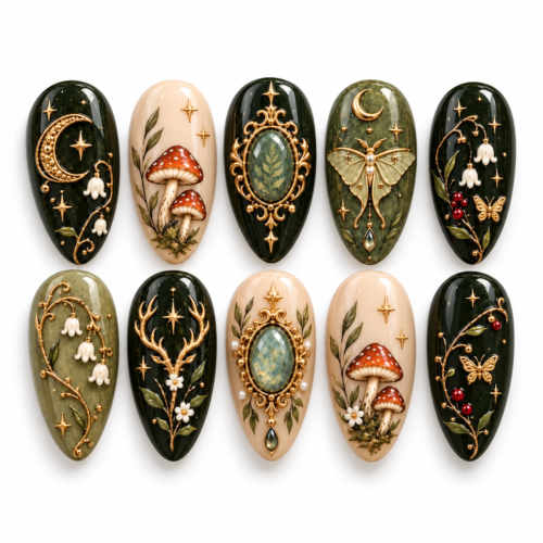 mushrooms, crescent moons, stars, moths, botanical branches press on nails